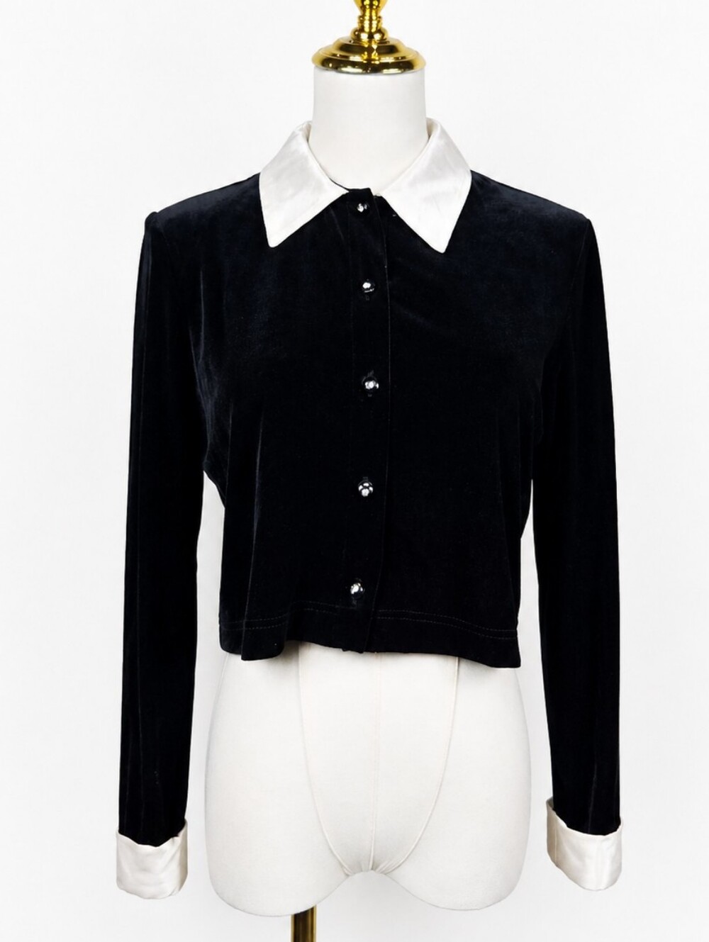 Ronni Nicole Petite 8P Black Velvet Satin Collar Rhinestone Button Y2K Top Goth